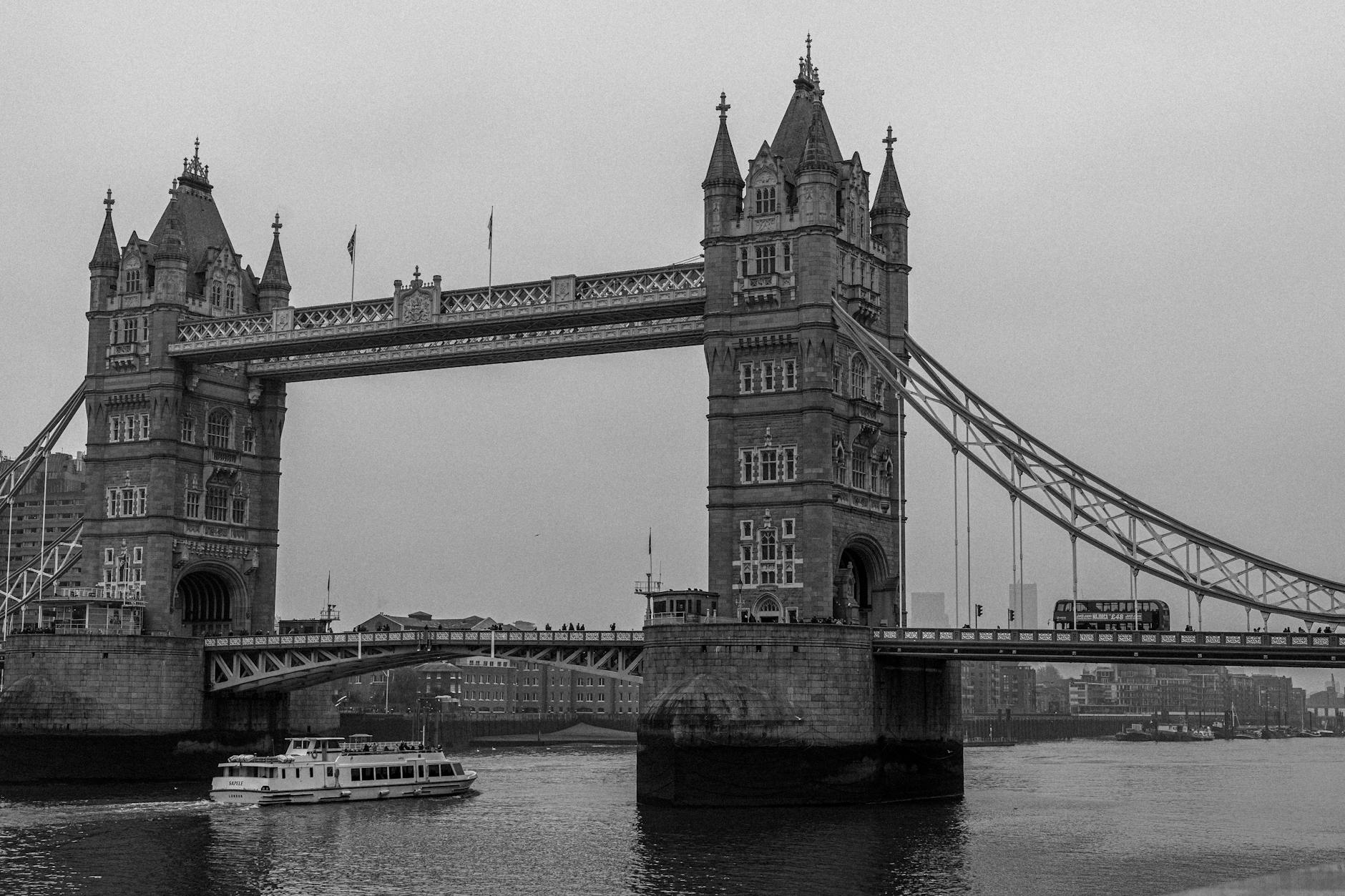 grayscale photo of the london tower bridge